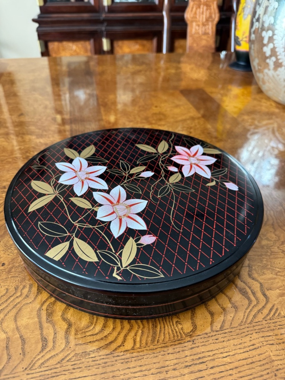 Japanese Black Lacquered - Lidded Serve-ware Dish with a Floral Design - Divided